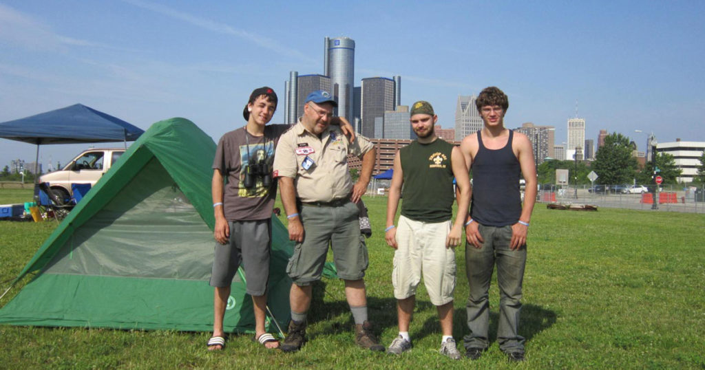Troop 401 of Redford, Mich., camped at Milliken State Park along the Detroit River, in the heart of downtown Detroit.