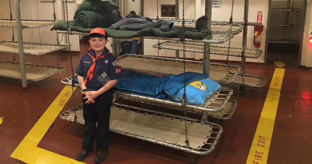 Pack 3144 of Blackstone, Mass., camped onboard the USS Massachusetts in Battleship Cove, Fallriver, Mass.