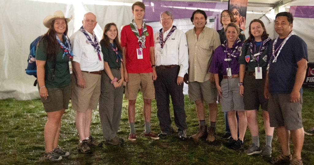 Jean stands with a group of Scouts and Scouters.