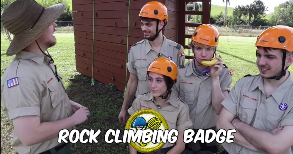 Mr Beast team in rock climbing helmets