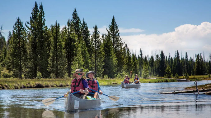 Scouts paddling on river