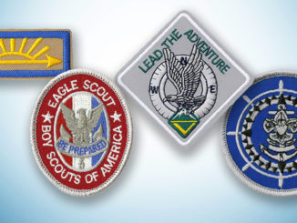 Insignia for the highest Scouting ranks: Arrow of Light, Eagle Scout, Summit Award and Quartermaster Award