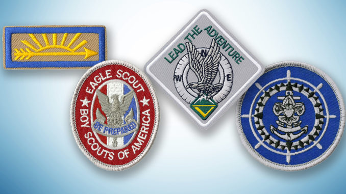 Insignia for the highest Scouting ranks: Arrow of Light, Eagle Scout, Summit Award and Quartermaster Award