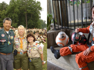 Left, from left: Caitlin Kagawa, Rick Kagawa, Debbie Kagawa and Sarah Breskman Battis at the 2005 National Jamboree. Right: Cosplay of Poe Dameron from Star Wars, made and worn by Caitlin Kagawa. (Poe Dameron photo by Salina Conlan)