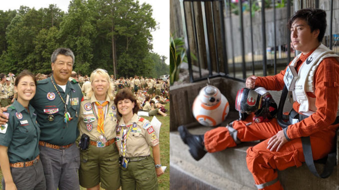 Left, from left: Caitlin Kagawa, Rick Kagawa, Debbie Kagawa and Sarah Breskman Battis at the 2005 National Jamboree. Right: Cosplay of Poe Dameron from Star Wars, made and worn by Caitlin Kagawa. (Poe Dameron photo by Salina Conlan)