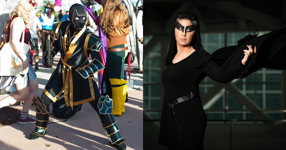 Left: Cosplay of Ronin from Marvel Comics, made and worn by Kagawa. (Photo from CBR.com) Right: Cosplay of Udur from The Wicked + The Divine, made and worn by Kagawa. (Photo by Richard Perry)