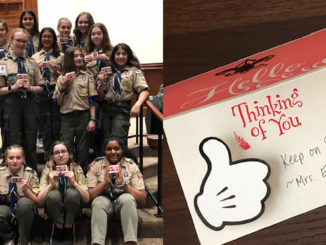 Left: Scoutmaster Elaine Mitchell (left) and her troop in January 2020. Right: A handmade card from Mitchell to her Scouts.