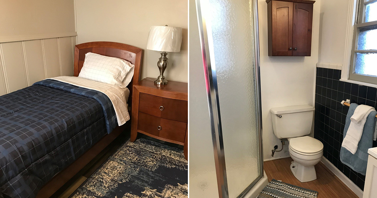 The bedroom and bathroom of a finished apartment.