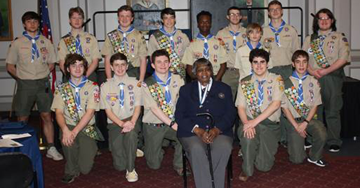 The 2018 Class honored Rebecca Marr, pictured with that year's group of new Eagle Scouts. 