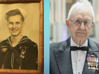 Harley Nygren as a Sea Scout in 1941 and at the NOAA Corps' Centennial Celebration in 2017.