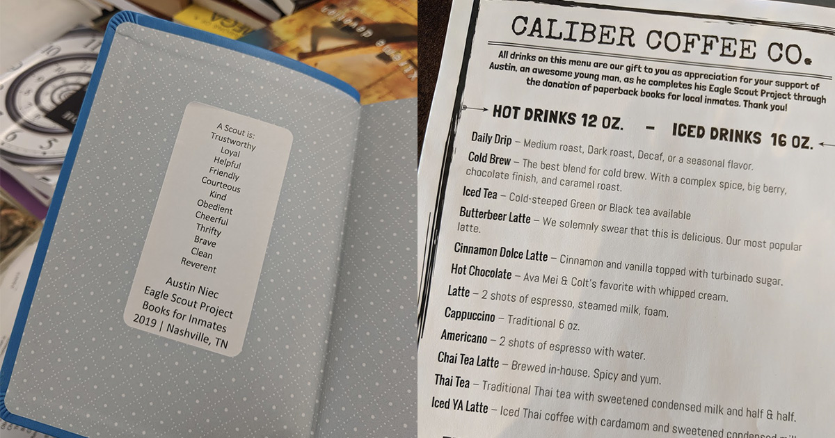 Left: A sticker inside each donated book includes the Scout Law. Right: Caliber Coffee created a special menu of free drinks for anyone who donated a book.