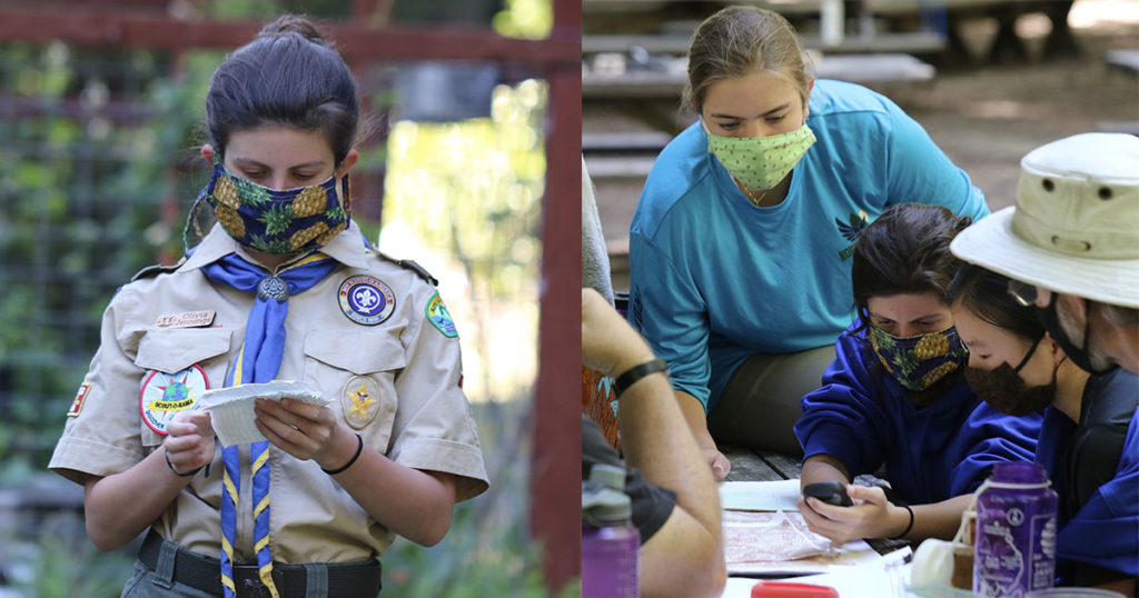 Left: Olivia gives announcements at her troop’s SuperCamp in July. Right: Olivia teaches GPS skills to her fellow Scouts.