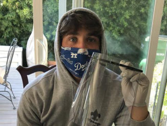 Left: Life Scout Holden Sanderson holds completed face shields. Right: Tenderfoot Mark Chang delivers face shields to a local hospital.