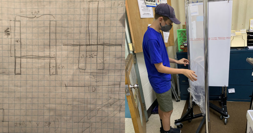 Left: Lucas’ plans for his Eagle project. Right: Lucas assembles a free-standing shield.