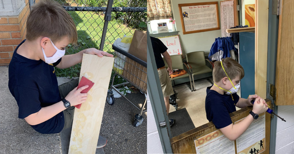 Lucas enlisted the help of his cousin Nathan, seen here working on the shield and frame for the Dutch door.