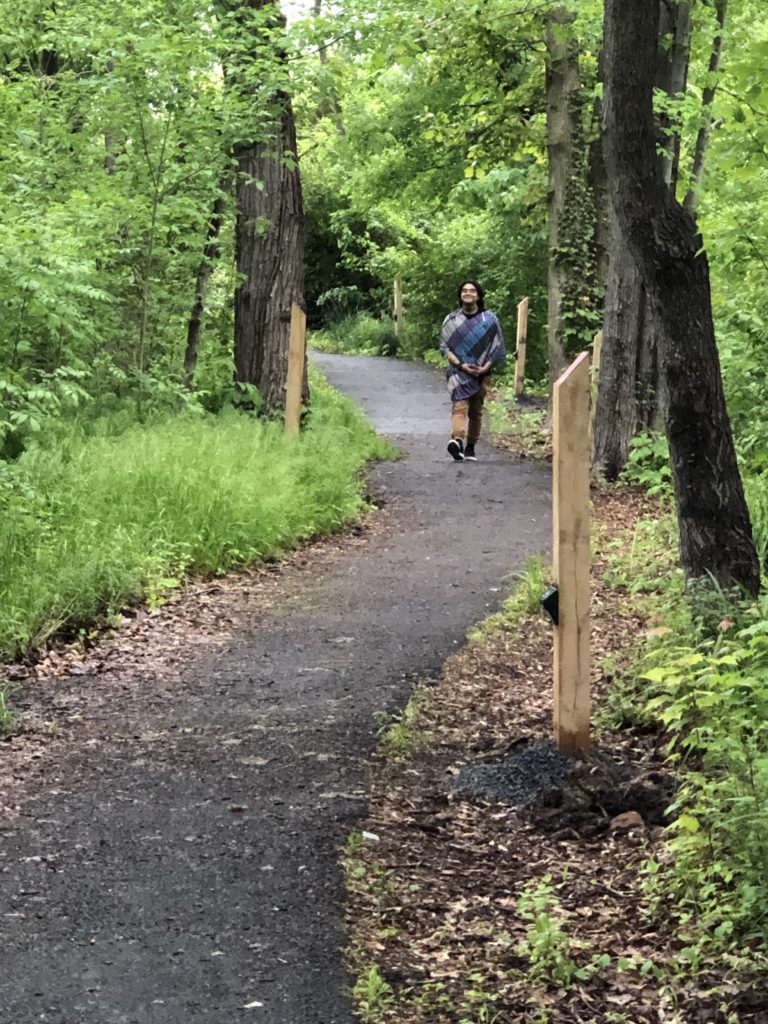 A young man walks a forested path.