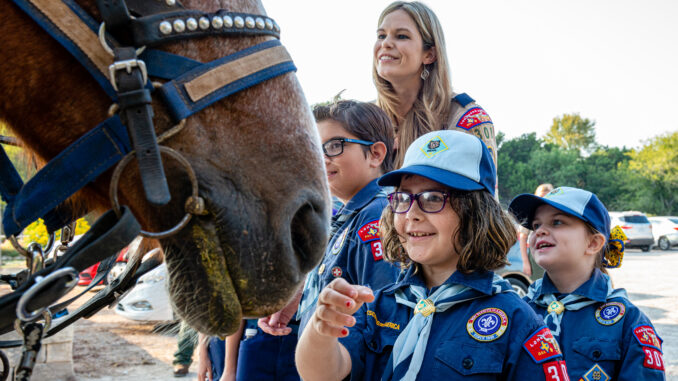 Girl Cub Scout Petting a horse