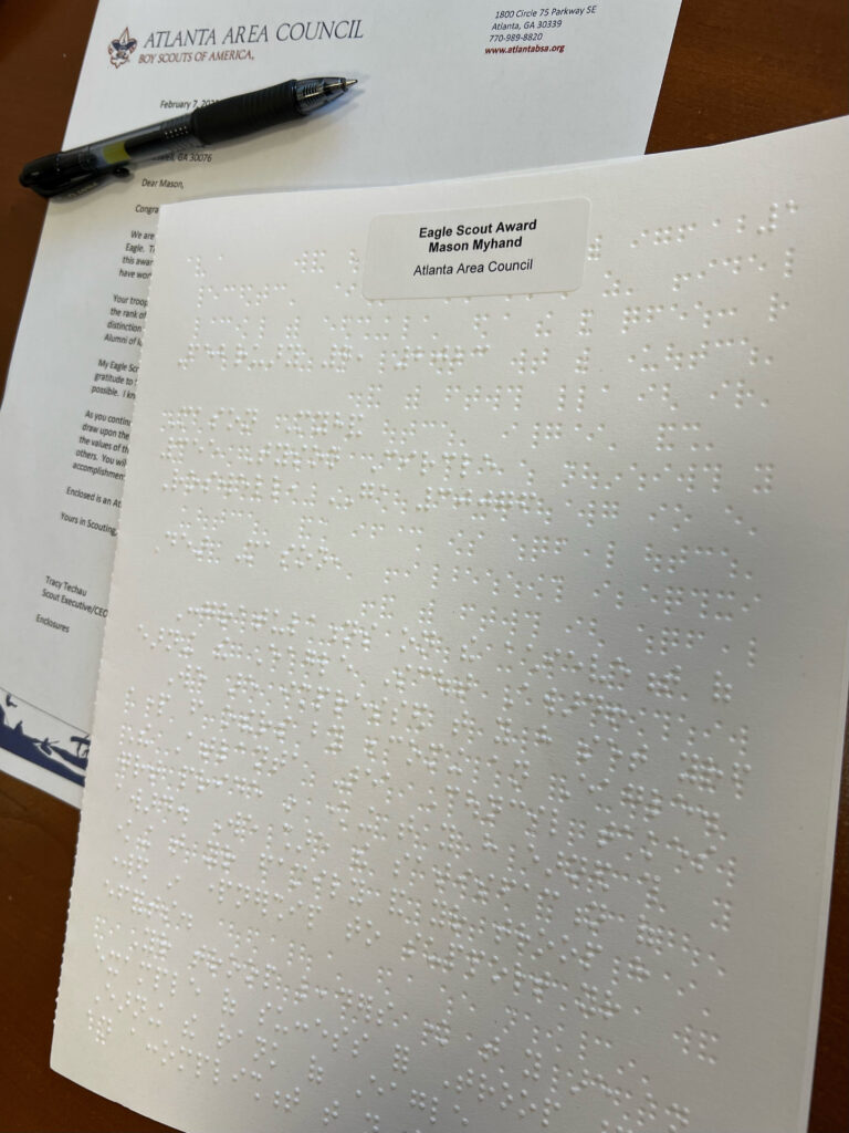 An Eagle Scout letter of congratulations printed in Braille