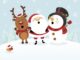 An illustration of a reindeer, snowman and Santa singing holiday songs