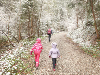 A photo of a parent and two children walking along a trail in the snow