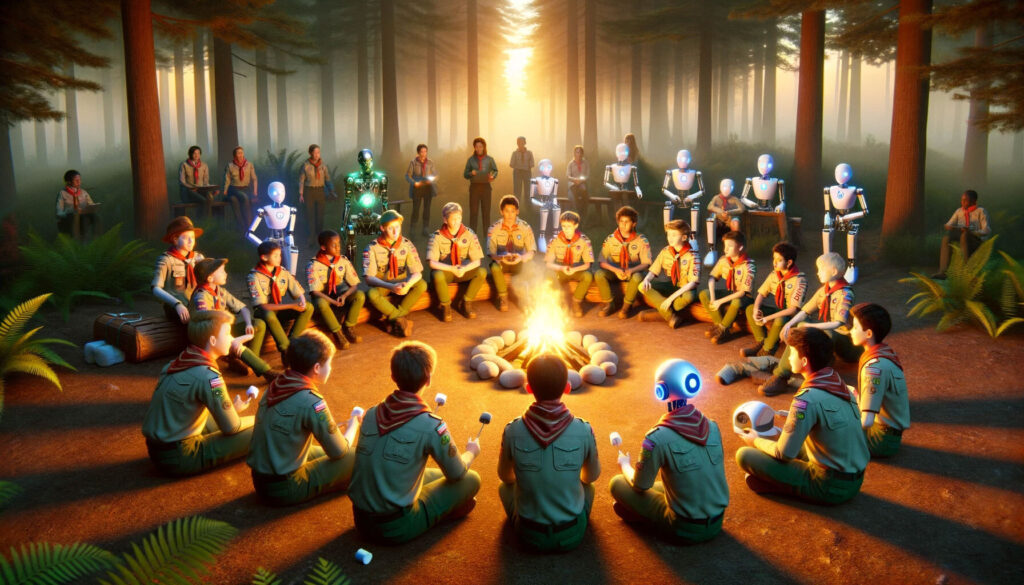 An AI rendering of a scene of Scouts and robots gathered around a campfire