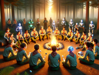 An AI rendering of a scene of Scouts and robots gathered around a campfire