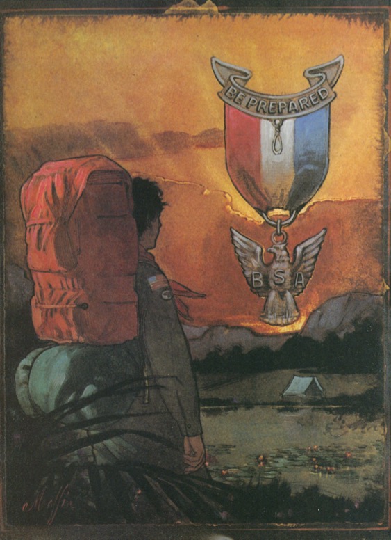 An illustration of a Scout wearing a backpack while looking into the sunset.