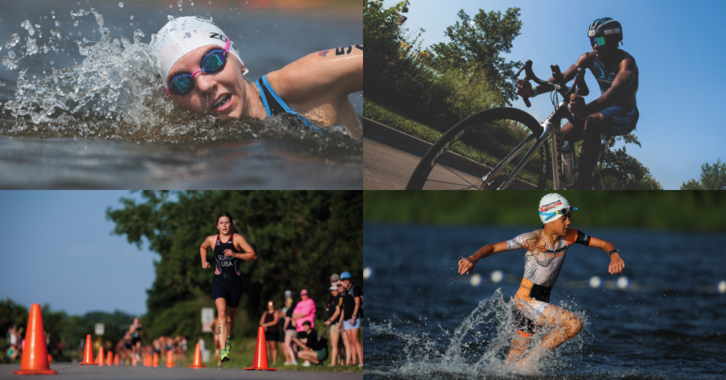 Photos of the three multisport disciplines: swimming, cycling and running, along with an athlete transitioning from swimming to cycling.