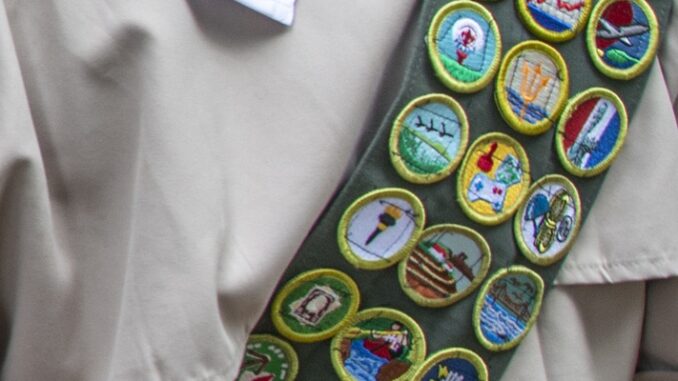 Close-up of sash with merit badges