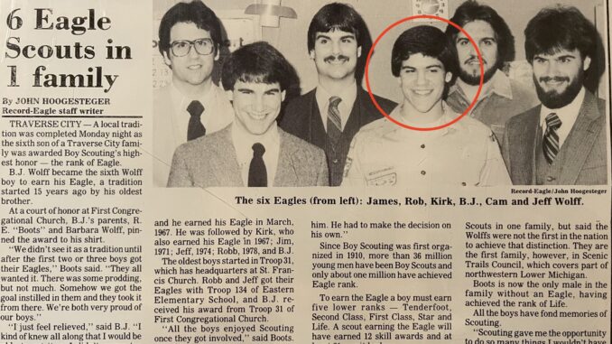 A scan of an old newspaper article featured B.J. Wolff and his five Eagle Scout brothers
