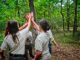 A photo of Scouts BSA members high-fiving triumphantly