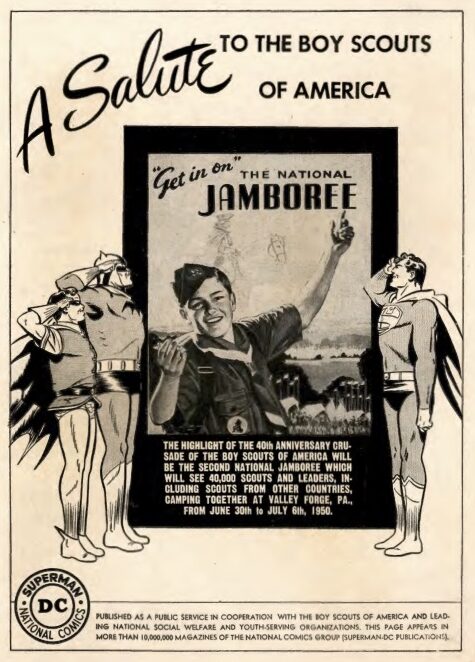 A flier promoting the National Scout Jamboree featuring Superman, Batman and Robin
