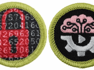 An image of the merit badge logos for Cybersecurity and AI