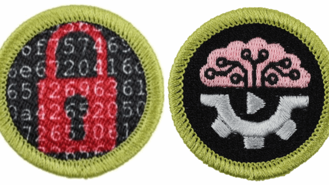 An image of the merit badge logos for Cybersecurity and AI